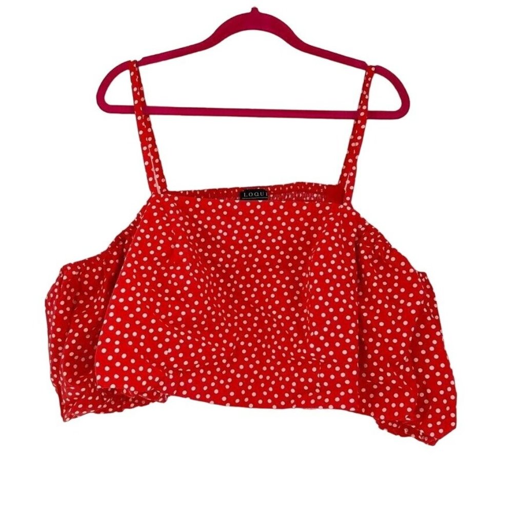 Eloquii Top Skirt Womens 20 Red Cropped Cold Shoulder Polka Dot Puff Sleeve